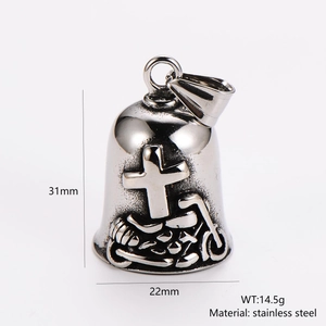Vintage stainless steel motorcycle bell pendant featuring retro cross relief pattern