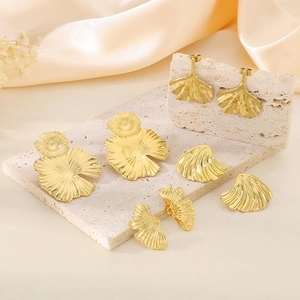 Elegant 18K gold plated lotus leaf earrings in brushed titanium steel for women