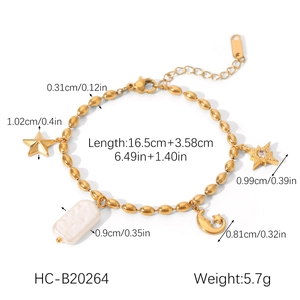 Detailed view of stainless steel bracelet with star and moon charms and full dimensions