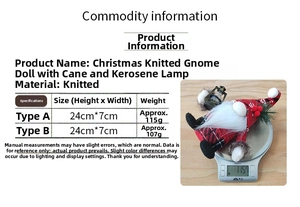Size chart showing height and weight for red Christmas gnome figures with knit hats