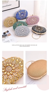 Detailed macro of crystal-encrusted clutch bags featuring radial flower patterns and ring handle