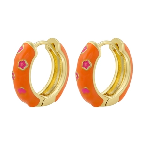 Orange enamel flower hoop earrings in 18K gold plated copper with pink floral pattern