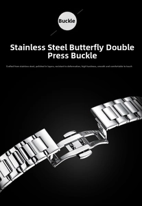 Polished stainless steel watch band with butterfly clasp detail on black background
