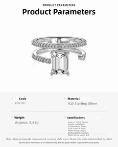 Detailed specs of S925 sterling silver ring featuring a 2ct emerald cut 5A cubic zirconia