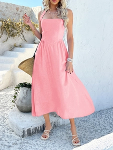 Detail of pink halter neck A-line dress featuring natural linen fabric and square collar