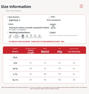 Detailed size chart for cotton blend sports shorts with measurements in XS to XL sizes