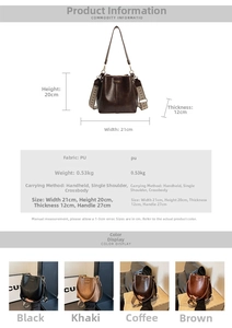 Detailed size chart for minimalist PU leather bucket bag with dimensions and strap options