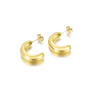Chunky C Shape Hoop Earrings For Women Stainless Steel Gold Plated High Polished Geometric Minimalist Trendy Jewelry