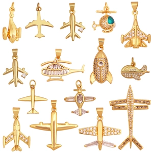 Airplane Helicopter Rocket Pendants Gold Plated Brass Copper Cubic Zirconia Charms For DIY Jewelry Making Trendy Style