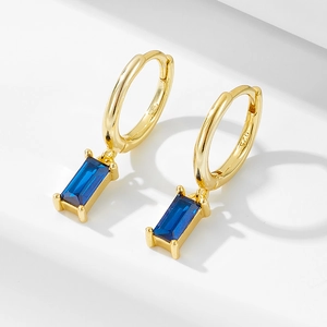 925 Sterling Silver Rectangular Blue Zirconia Geometric Huggie Drop Earrings Gold Silver Plated Fashion Jewelry For Women