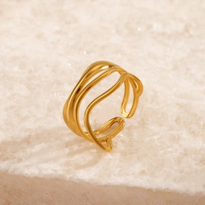 Minimalist 18K gold plated stainless steel triple-layered wavy adjustable open ring