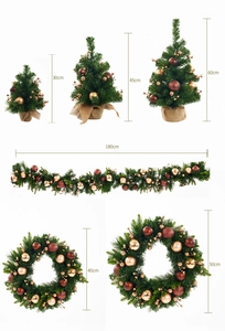 Detailed views of Christmas trees, garlands and wreaths with sizes labeled on white backdrop