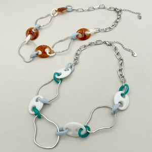 Colorful resin link necklace with silver metal chain in candy colors and pig nose links