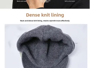 Detail of grey knitted hat featuring dense thermal lining for warmth and comfort