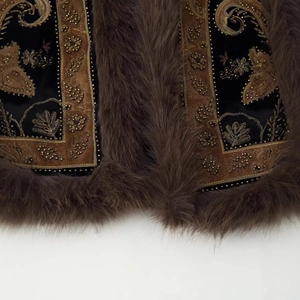 Ethnic style black velvet vest with gold embroidery, sequins and faux fur trim details