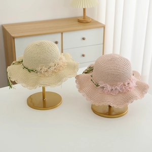 Kids straw sun hat with lace flowers and pearls for girls outdoor UV protection