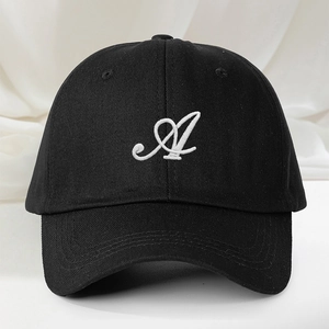 Classic black cotton baseball cap with white embroidered letter A and adjustable strap