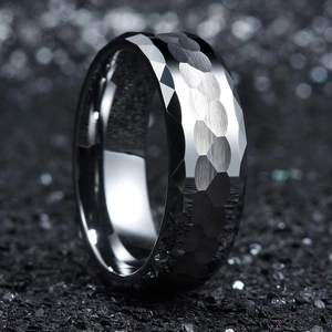 Men's silver steel honeycomb concave ring with a brushed matte finish and geometric facets