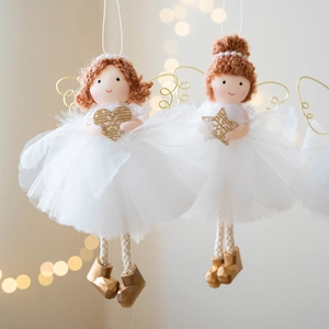 Christmas angel doll ornaments with white tulle skirts and gold wings for tree decor