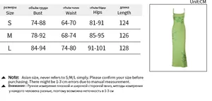Detailed size chart for summer printed slip maxi dress with S, M, L measurements