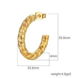 18K gold textured C-shape stainless steel earrings with 25.6mm diameter specifications