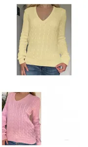Détail du pull en maille torsadée à col en V montrant les options jaune et rose