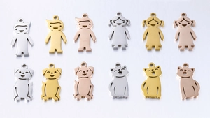 Polished stainless steel boy girl and pet charms in gold silver and rose gold finishes