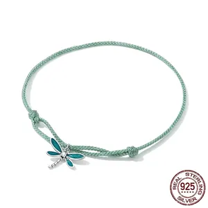 Adjustable mint green woven bracelet with S925 silver dragonfly charm and zircon