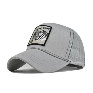 Grey cotton mesh trucker hat featuring zebra animal embroidery and stripe text patch