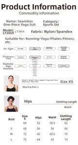 Size chart for seamless yoga bodysuit including fabric specs and model measurements