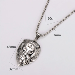 Silver vintage stainless steel lion head pendant with round box chain and size specs