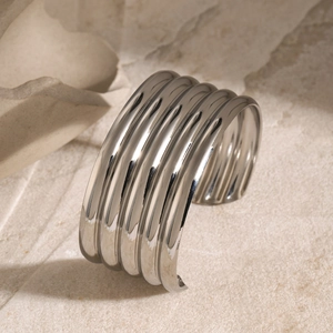 Minimalist 18k gold stainless steel multi-layered open bangle with a smooth finish