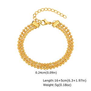 Detailed specs of triple-layer gold bead bracelet showing 16+5cm length and 0.24cm beads
