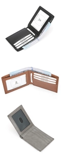 Detail of genuine leather bifold wallet showing RFID blocking slots and clear ID window