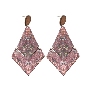 Ethnic bohemian geometric print wooden diamond drop earrings with natural wood texture