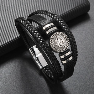 Fashionable punk style multilayer braided leather anchor bracelet for men with silver magnetic clasp
