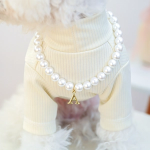 Close-up of a white pet pearl necklace featuring a golden letter A pendant on a dog