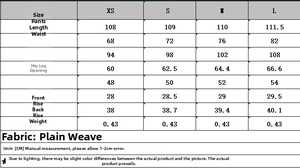 Detailed size chart for high waist trousers including length, waist, and hip measurements