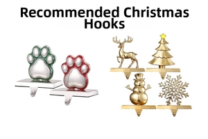 Macro view of Christmas stocking mantle hooks featuring reindeer and snowflake designs