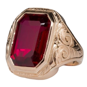 Mens vintage rose gold ring with large emerald-cut red gemstone and ornate engraving