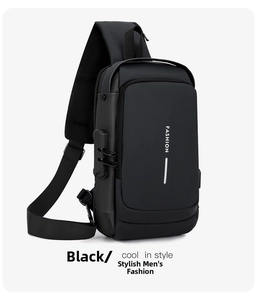 Detail view of anti-theft combination lock and USB charging port on black crossbody bag