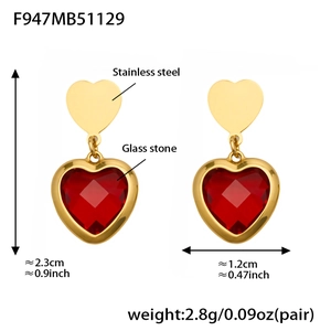 Detailed size specifications for gold heart earrings with red glass stone and stainless steel