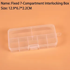Macro detail of a 7-compartment transparent plastic storage box measuring 12.9x6.7x2.2cm