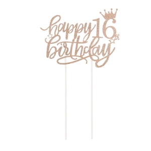 Roségoldener Tortenaufsatz Happy 16th Birthday mit Glitzer, Krone und Sternen