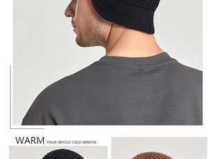 Detailed close-up showing thick ribbed knit fabric of a warm winter beanie for men