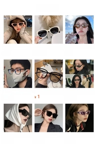 Collage of diverse sunglasses including cat-eye and thick frames in multiple colors