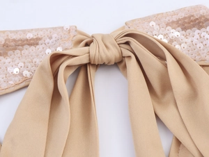 Detail of champagne bow with sequins on stretchy fabric for wedding party decor