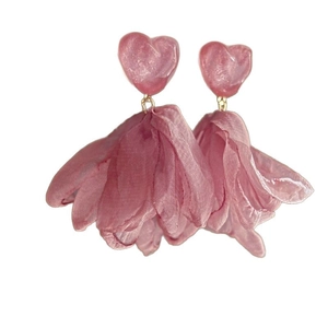 Pink heart-shaped floral tassel earrings with fabric petals for summer beach vacation