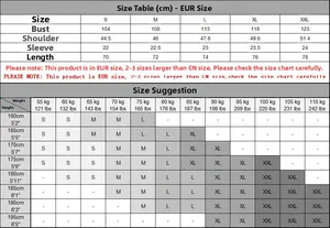 Detailed size chart for cotton deer embroidery polo shirt showing EU dimensions and fit