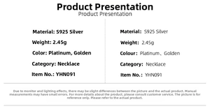 S925 silver necklace specifications showing item YHN091 weight and platinum finish